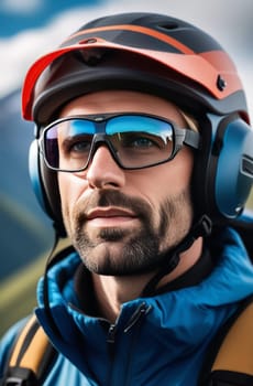 Man wearing helmet and sunglasses glasses stands confidently before towering mountain backdrop ready for adventure, exploration. He may be gearing up for bicycle ride, some other outdoor activity