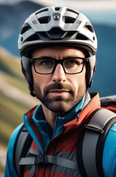 Man wearing helmet and glasses stands confidently before towering mountain backdrop ready for adventure and exploration. He may be gearing up for bicycle ride or some other outdoor activity