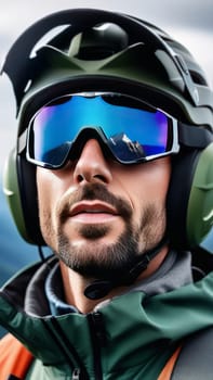 Man wearing helmet and sunglasses glasses stands confidently before towering mountain backdrop ready for adventure, exploration. He may be gearing up for bicycle ride, some other outdoor activity