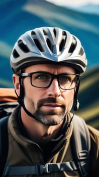 Man wearing helmet and glasses stands confidently before towering mountain backdrop ready for adventure and exploration. He may be gearing up for bicycle ride or some other outdoor activity