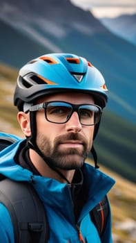 Man wearing helmet and glasses stands confidently before towering mountain backdrop ready for adventure and exploration. He may be gearing up for bicycle ride or some other outdoor activity
