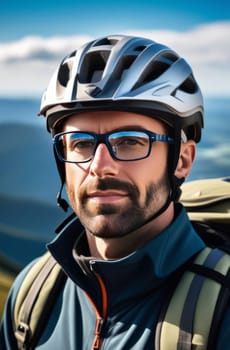 Man wearing helmet and glasses stands confidently before towering mountain backdrop ready for adventure and exploration. He may be gearing up for bicycle ride or some other outdoor activity