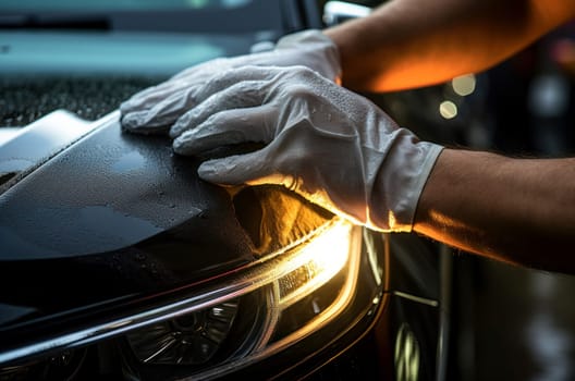 Diligent Man washing car headlight with rag closeup. Vehicle waxing shiny clean care. Generate Ai