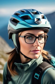 Woman wearing helmet and glasses stands confidently before towering mountain backdrop ready for adventure and exploration. She may be gearing up for bicycle ride or some other outdoor activity
