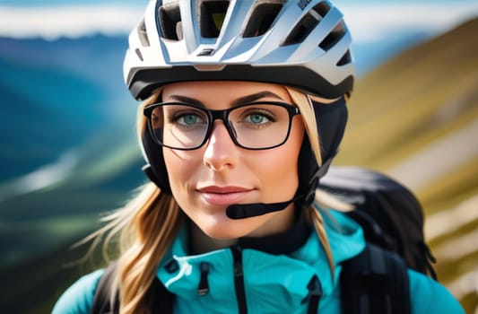 Woman wearing helmet and glasses stands confidently before towering mountain backdrop ready for adventure and exploration. She may be gearing up for bicycle ride or some other outdoor activity
