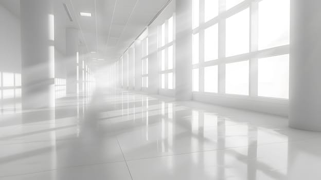 A building with a long white hallway featuring lots of parallel windows with tints and shades of light coming through, creating a symmetrical and bright space with wooden flooring