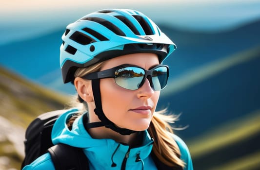 Woman wearing helmet and sunglasses glasses stands confidently before towering mountain backdrop ready for adventure, exploration. She may be gearing up for bicycle ride or some other outdoor activity