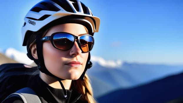 Woman wearing helmet and sunglasses glasses stands confidently before towering mountain backdrop ready for adventure, exploration. She may be gearing up for bicycle ride or some other outdoor activity