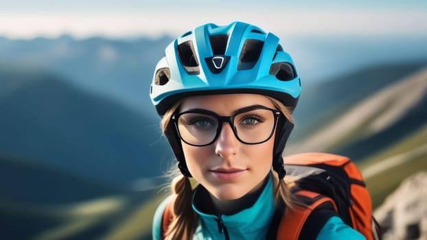 Woman wearing helmet and glasses stands confidently before towering mountain backdrop ready for adventure and exploration. She may be gearing up for bicycle ride or some other outdoor activity