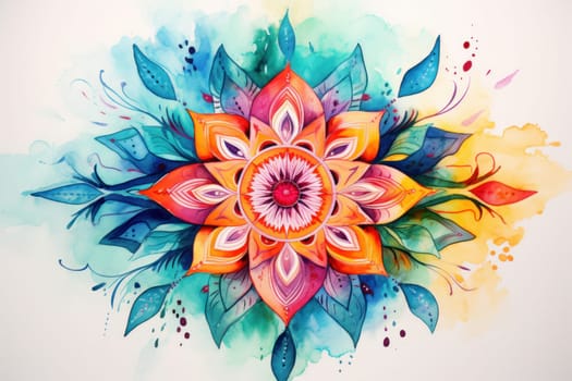 Vibrant Mandala drawing watercolor. Round indian. Generate Ai