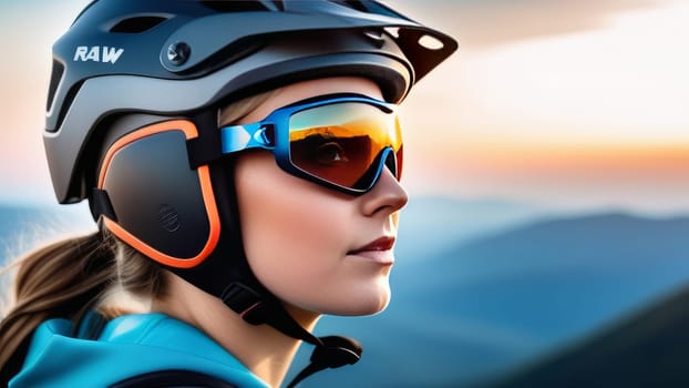 Woman wearing helmet and sunglasses glasses stands confidently before towering mountain backdrop ready for adventure, exploration. She may be gearing up for bicycle ride or some other outdoor activity