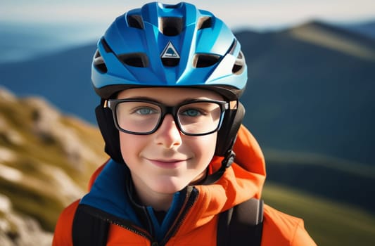 Young boy wearing helmet and glasses stands confidently before towering mountain backdrop ready for adventure and exploration. He may be gearing up for bicycle ride or some other outdoor activity