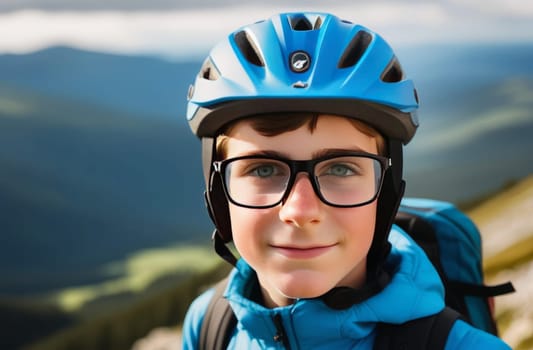 Young boy wearing helmet and glasses stands confidently before towering mountain backdrop ready for adventure and exploration. He may be gearing up for bicycle ride or some other outdoor activity