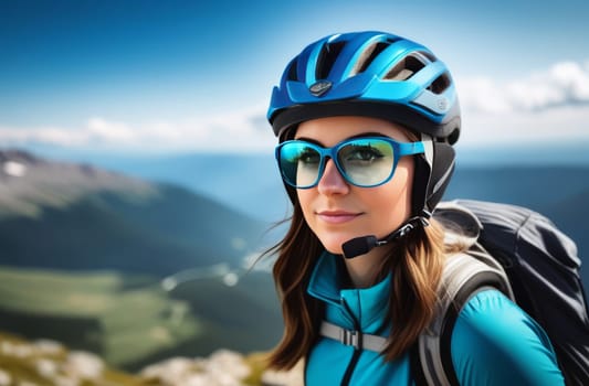 Woman wearing helmet and glasses stands confidently before towering mountain backdrop ready for adventure and exploration. She may be gearing up for bicycle ride or some other outdoor activity