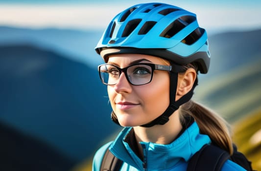 Woman wearing helmet and glasses stands confidently before towering mountain backdrop ready for adventure and exploration. She may be gearing up for bicycle ride or some other outdoor activity