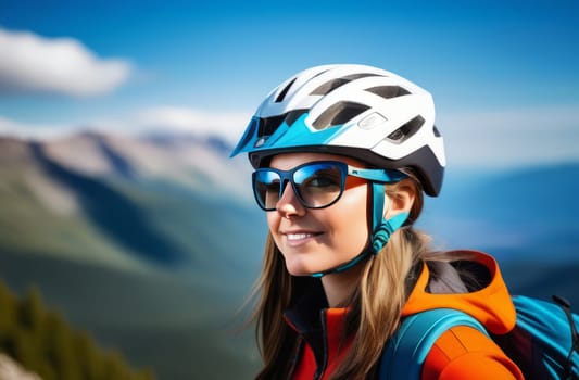 Woman wearing helmet and sunglasses glasses stands confidently before towering mountain backdrop ready for adventure, exploration. She may be gearing up for bicycle ride or some other outdoor activity