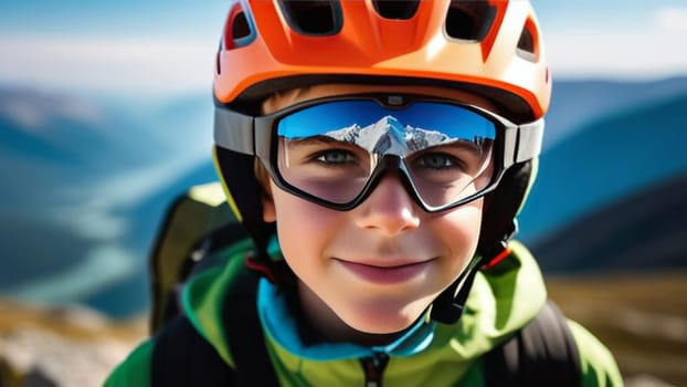 Young boy wearing helmet and sunglasses glasses stands confidently before towering mountain backdrop ready for adventure, exploration. He may be gearing up for bicycle ride, other outdoor activity