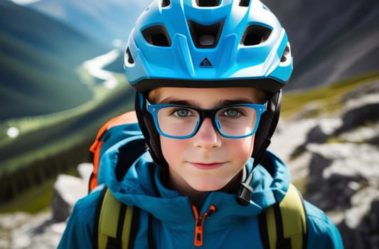 Young boy wearing helmet and glasses stands confidently before towering mountain backdrop ready for adventure and exploration. He may be gearing up for bicycle ride or some other outdoor activity