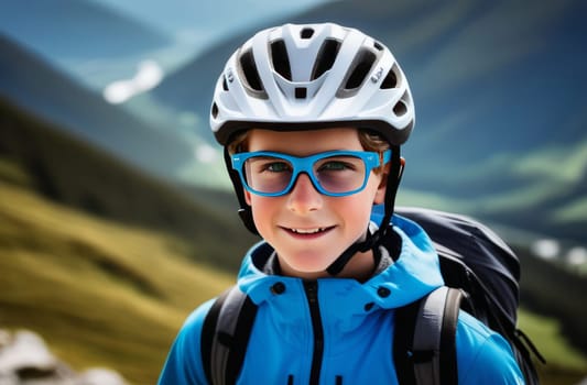 Young boy wearing helmet and glasses stands confidently before towering mountain backdrop ready for adventure and exploration. He may be gearing up for bicycle ride or some other outdoor activity
