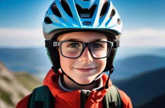 Young boy wearing helmet and glasses stands confidently before towering mountain backdrop ready for adventure and exploration. He may be gearing up for bicycle ride or some other outdoor activity