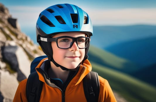 Young boy wearing helmet and glasses stands confidently before towering mountain backdrop ready for adventure and exploration. He may be gearing up for bicycle ride or some other outdoor activity
