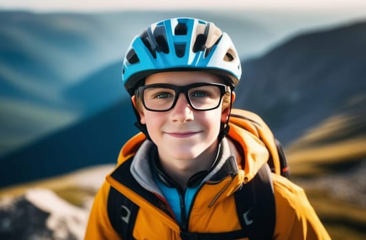 Young boy wearing helmet and glasses stands confidently before towering mountain backdrop ready for adventure and exploration. He may be gearing up for bicycle ride or some other outdoor activity