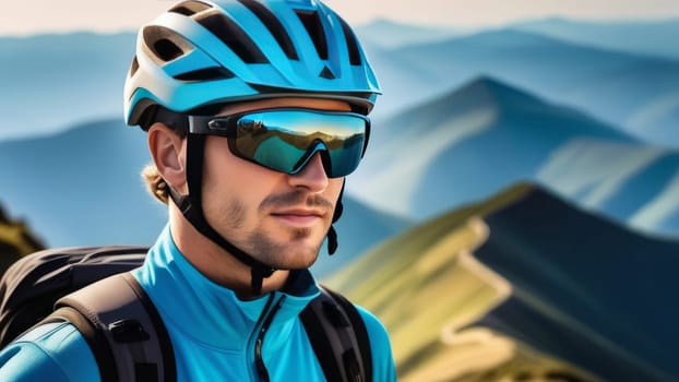 Man wearing helmet and sunglasses glasses stands confidently before towering mountain backdrop ready for adventure, exploration. He may be gearing up for bicycle ride, some other outdoor activity