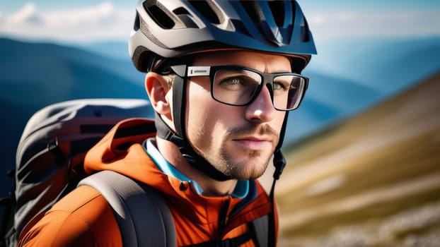 Man wearing helmet and glasses stands confidently before towering mountain backdrop ready for adventure and exploration. He may be gearing up for bicycle ride or some other outdoor activity