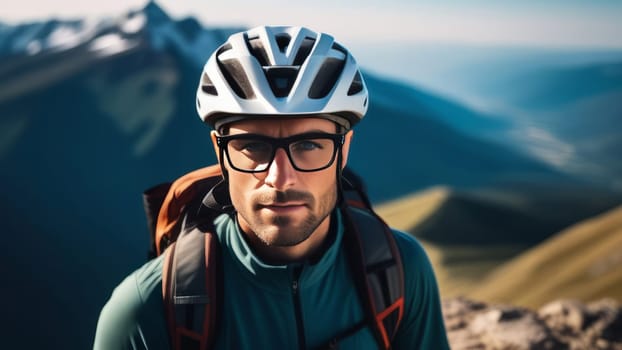 Man wearing helmet and glasses stands confidently before towering mountain backdrop ready for adventure and exploration. He may be gearing up for bicycle ride or some other outdoor activity