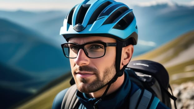 Man wearing helmet and glasses stands confidently before towering mountain backdrop ready for adventure and exploration. He may be gearing up for bicycle ride or some other outdoor activity