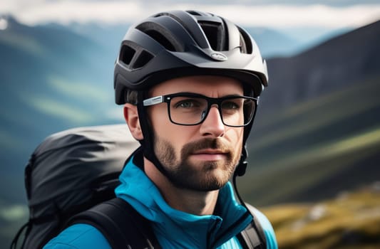 Man wearing helmet and glasses stands confidently before towering mountain backdrop ready for adventure and exploration. He may be gearing up for bicycle ride or some other outdoor activity
