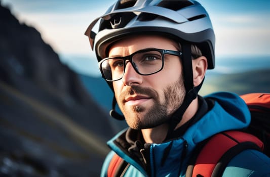 Man wearing helmet and glasses stands confidently before towering mountain backdrop ready for adventure and exploration. He may be gearing up for bicycle ride or some other outdoor activity