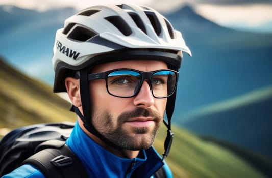 Man wearing helmet and sunglasses glasses stands confidently before towering mountain backdrop ready for adventure, exploration. He may be gearing up for bicycle ride, some other outdoor activity