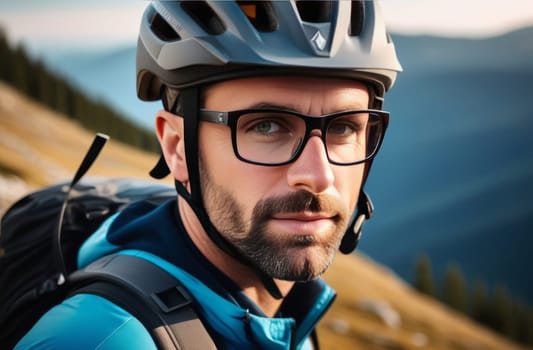Man wearing helmet and glasses stands confidently before towering mountain backdrop ready for adventure and exploration. He may be gearing up for bicycle ride or some other outdoor activity