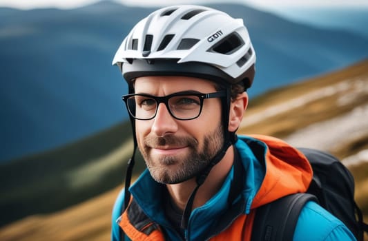 Man wearing helmet and glasses stands confidently before towering mountain backdrop ready for adventure and exploration. He may be gearing up for bicycle ride or some other outdoor activity