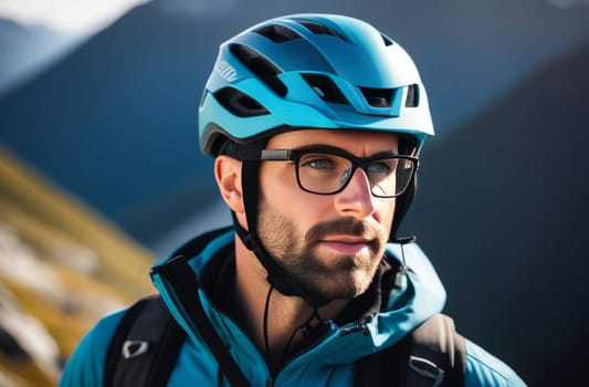 Man wearing helmet and glasses stands confidently before towering mountain backdrop ready for adventure and exploration. He may be gearing up for bicycle ride or some other outdoor activity