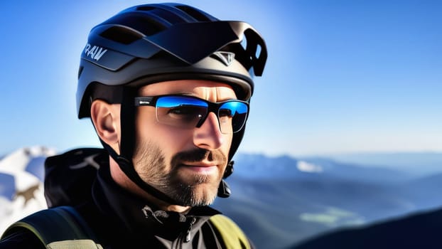Man wearing helmet and sunglasses glasses stands confidently before towering mountain backdrop ready for adventure, exploration. He may be gearing up for bicycle ride, some other outdoor activity