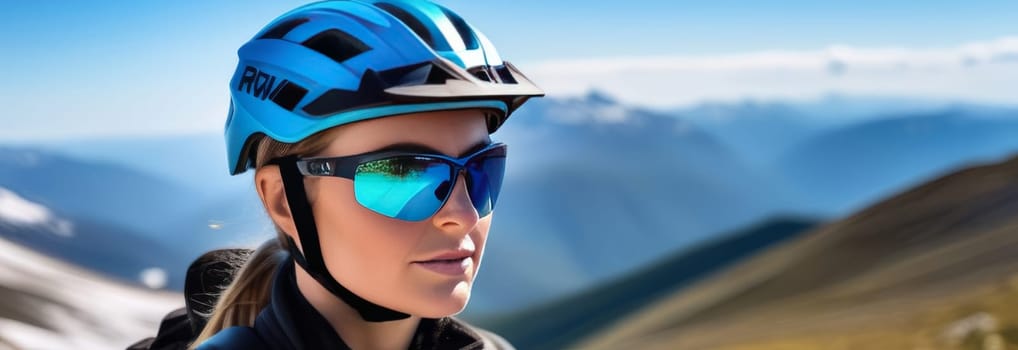 Woman wearing helmet and sunglasses glasses stands confidently before towering mountain backdrop ready for adventure, exploration. She may be gearing up for bicycle ride or some other outdoor activity