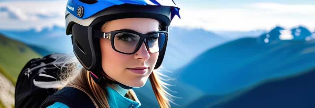 Woman wearing helmet and glasses stands confidently before towering mountain backdrop ready for adventure and exploration. She may be gearing up for bicycle ride or some other outdoor activity