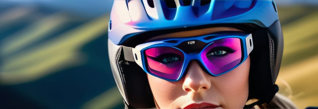 Woman wearing helmet and sunglasses glasses stands confidently before towering mountain backdrop ready for adventure, exploration. She may be gearing up for bicycle ride or some other outdoor activity