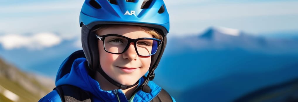 Young boy wearing helmet and glasses stands confidently before towering mountain backdrop ready for adventure and exploration. He may be gearing up for bicycle ride or some other outdoor activity