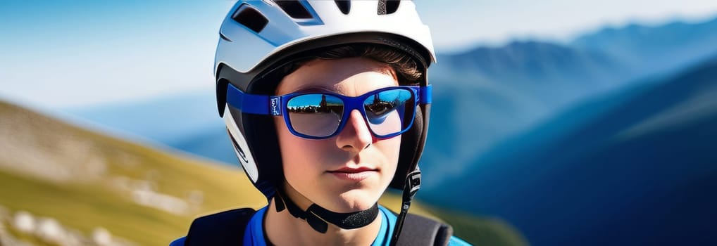 Young boy wearing helmet and sunglasses glasses stands confidently before towering mountain backdrop ready for adventure, exploration. He may be gearing up for bicycle ride, other outdoor activity