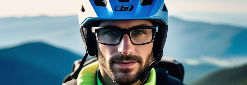 Man wearing helmet and glasses stands confidently before towering mountain backdrop ready for adventure and exploration. He may be gearing up for bicycle ride or some other outdoor activity