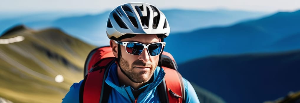 Man wearing helmet and sunglasses glasses stands confidently before towering mountain backdrop ready for adventure, exploration. He may be gearing up for bicycle ride, some other outdoor activity