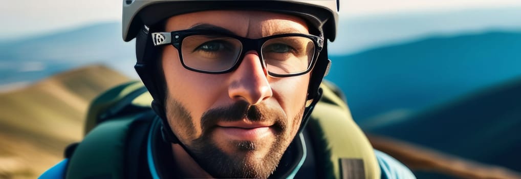 Man wearing helmet and glasses stands confidently before towering mountain backdrop ready for adventure and exploration. He may be gearing up for bicycle ride or some other outdoor activity