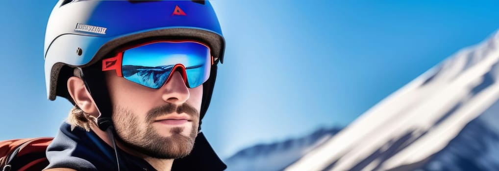 Man wearing helmet and sunglasses glasses stands confidently before towering mountain backdrop ready for adventure, exploration. He may be gearing up for bicycle ride, some other outdoor activity