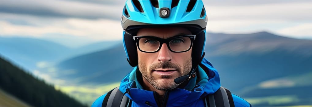 Man wearing helmet and glasses stands confidently before towering mountain backdrop ready for adventure and exploration. He may be gearing up for bicycle ride or some other outdoor activity