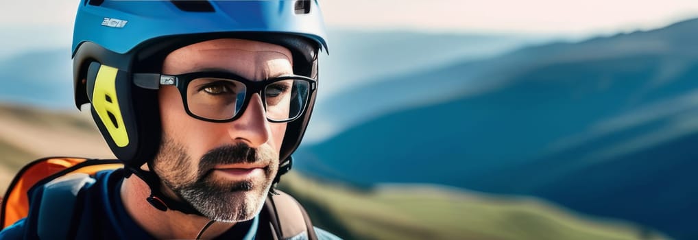 Man wearing helmet and glasses stands confidently before towering mountain backdrop ready for adventure and exploration. He may be gearing up for bicycle ride or some other outdoor activity