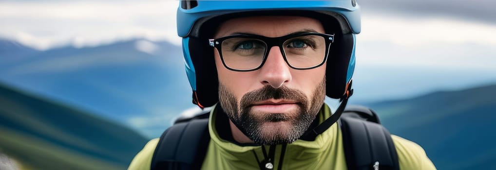 Man wearing helmet and glasses stands confidently before towering mountain backdrop ready for adventure and exploration. He may be gearing up for bicycle ride or some other outdoor activity