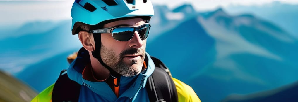 Man wearing helmet and sunglasses glasses stands confidently before towering mountain backdrop ready for adventure, exploration. He may be gearing up for bicycle ride, some other outdoor activity